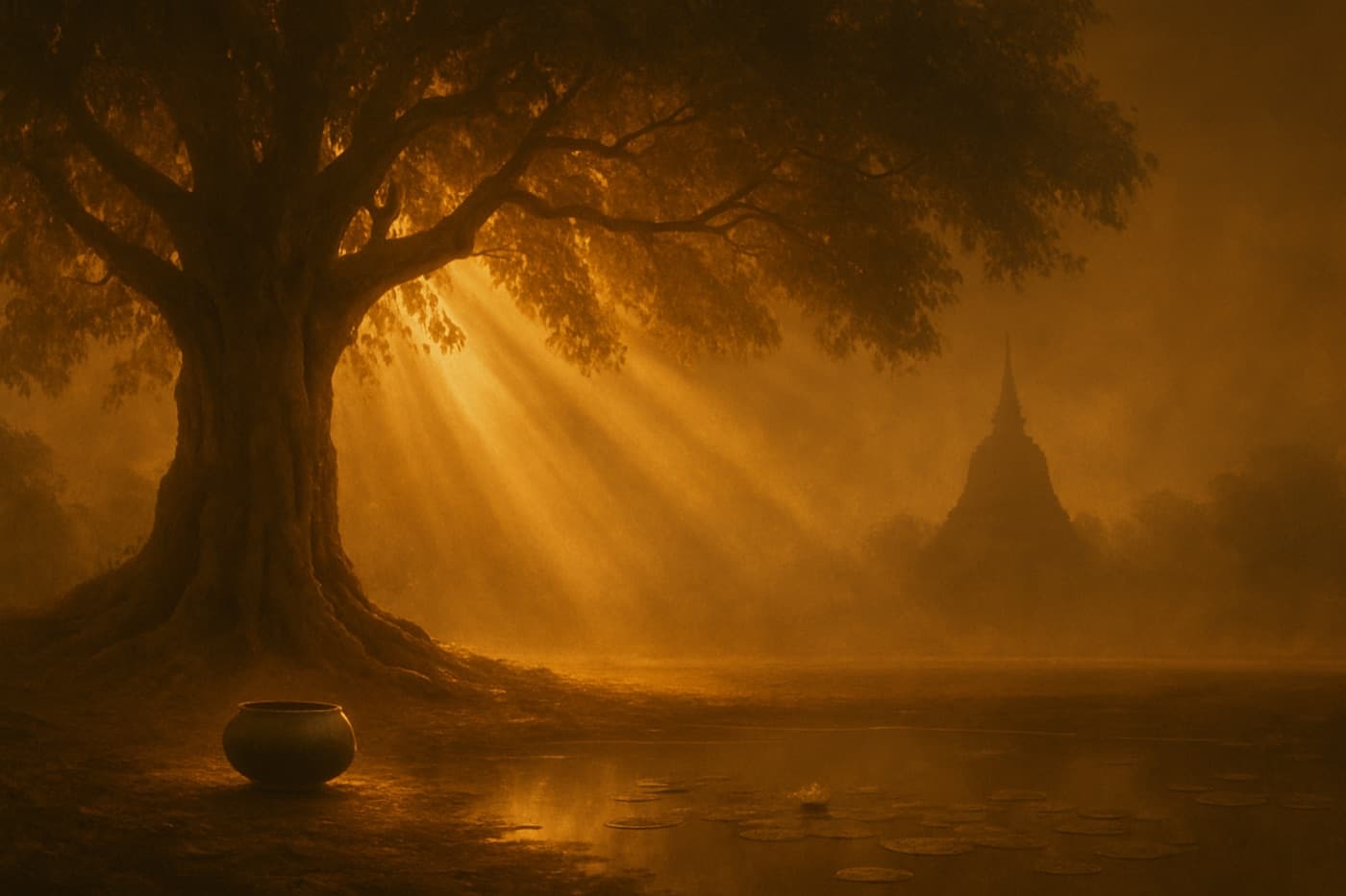 Golden sunrays filtering through the canopy of an ancient Bodhi tree