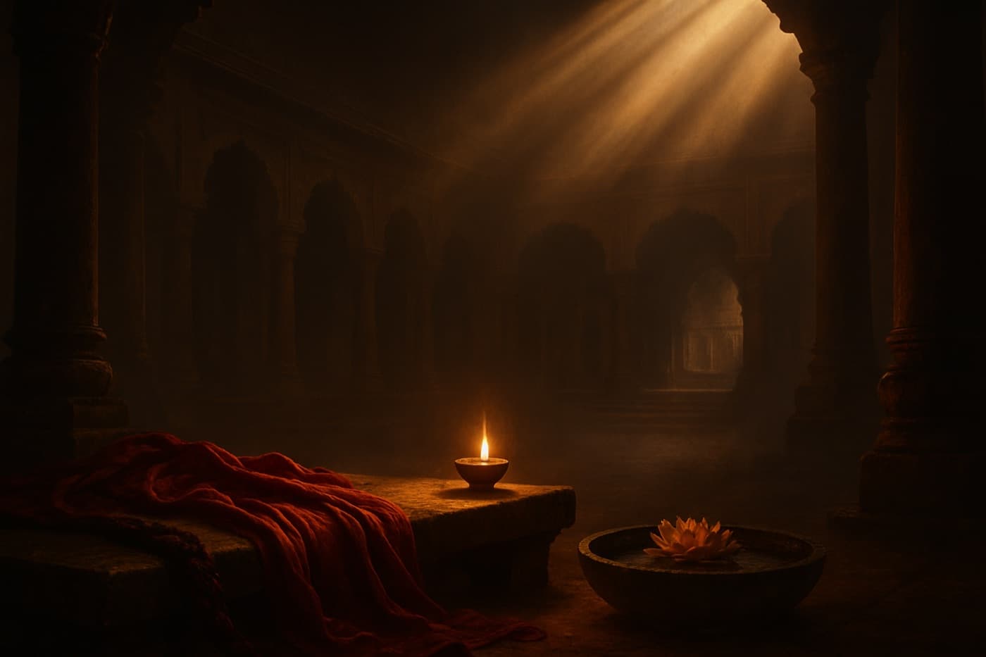 A single oil lamp glowing in a shadowed palace courtyard at dusk