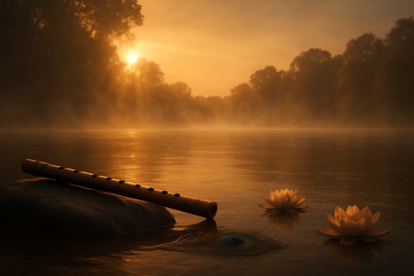Mist rising over a still river at dawn