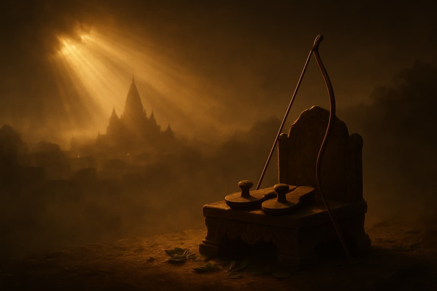 A temple silhouette through morning mist with sunrays breaking the haze