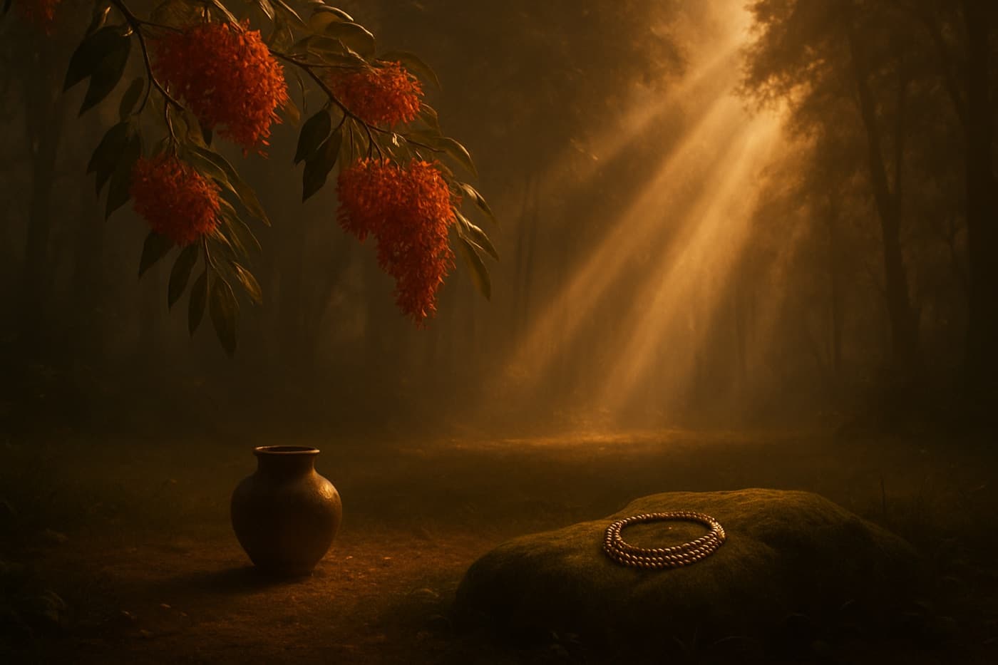 A serene forest clearing at dawn with filtered golden light